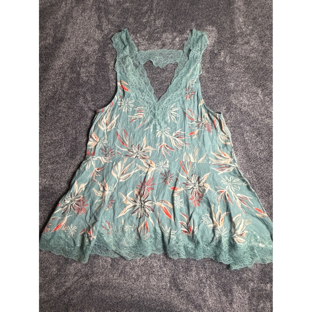 Intimately Free People Floral Lace Trim Babydoll Tank Top Teal Blue Orange M